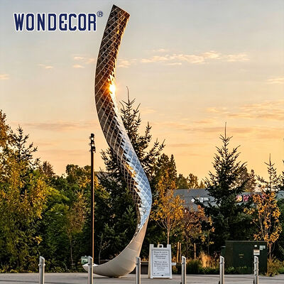 Large outdoor stainless steel lighting sculpture with curved shape