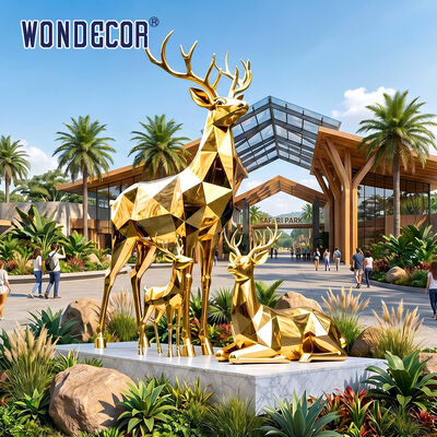 Large Gold‑Plated Stainless Steel Geometric Faceted Deer Family Sculpture for Shopping Mall Festival Outdoor Landscape